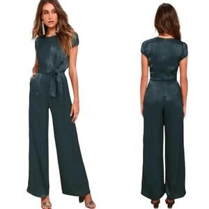 Lulus Satin Wide Leg Jumpsuit Tie Waist Front Short Sleeve Dark Green Small